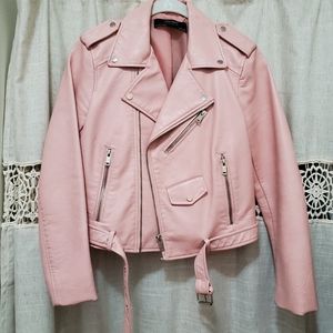 Zara pink leather moto jacket Small S